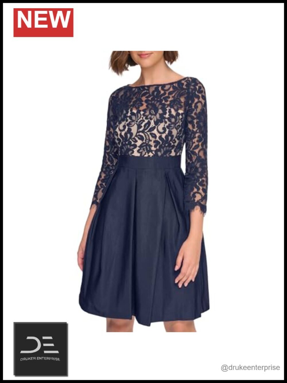 3/4 Sleeve Lace Boat Neck Fit and Flare Dress